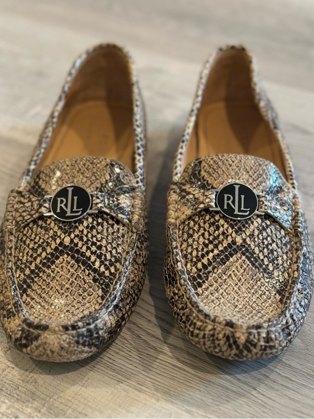Ralph Lauren Snake-Print Loafers in Tan and Black - Picture 2 of 15